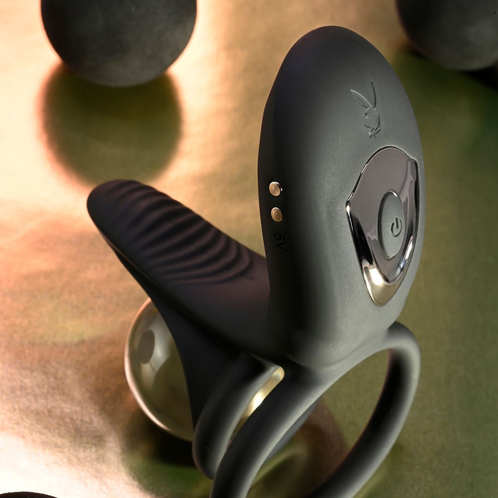 Playboy Pleasure JUST RIGHT Black Rechargeable Vibrating Cock & Balls Rings